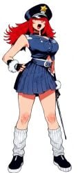 assertive_female baton big_breasts femdom kneesocks police_uniform red_hair sleeveless unusual_teeth