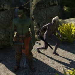 1boy 1girls 3d baldur's_gate_3 dark-skinned_female dark_elf dark_skin daz_studio elf elf_female female green-skinned_male green_skin male minthara nude nude_female o97t5s orc orc_male sneaking sword white_hair