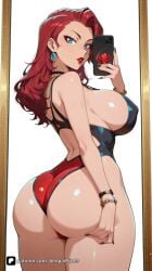 1girl ai_generated artist_name ass bare_shoulders black_nails black_widow_(aquatic_assassin) black_widow_(marvel) black_widow_(marvel_rivals) blue_eyes bracelet breasts cellphone competition_swimsuit covered_nipples earrings from_behind highleg holding holding_phone jewelry large_breasts lips lipstick long_hair looking_at_viewer looking_back makeup marvel marvel_comics marvel_rivals mirror nail_polish natasha_romanoff one-piece_swimsuit parted_lips patreon phone questionable red_hair red_lips scarlett_johansson selfie senpai_pixels sensitive shiny shiny_skin sideboob simple_background smartphone solo swimsuit thighs watch white_background wristwatch