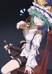 1girl absurdres bar_censor black_skirt blue_eyes breasts censored chair commentary_request erection from_side futanari green_hair hat heart highres large_penis long_sleeves looking_at_viewer medium_breasts on_chair open_mouth penis penis_peek shiki_eiki shiratsuki_shiori shirt sitting skirt solo spread_legs touhou white_shirt