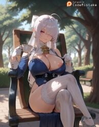 1girl ahoge ai_generated bangs bare_tree bench blue_dress blurry blurry_background branch breasts bush chair cleavage codemistake crossed_legs cup day depth_of_field dress earrings elf gloves hair_ornament hair_over_one_eye high_heels holding holding_cup in_tree jewelry large_breasts long_hair looking_at_viewer nature nipples outdoors palm_tree park park_bench patreon patreon_link patreon_logo patreon_url patreon_username plant pointy_ears purple_eyes sitting smile solo striped_legwear teacup thighhighs thighs tree velina_(zenless_zone_zero) velina_airgid vertical_stripes very_long_hair white_gloves white_hair white_legwear zenless_zone_zero