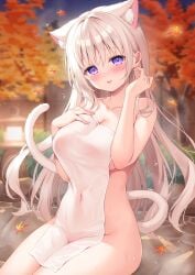 1girl blush breasts cat_ears cat_tail gray_hair highres kemonomimi large_breasts long_hair nekomimi nude onsen original shiono_(0303) small_but_busty straight_hair towel towel_only wet_clothes white_hair
