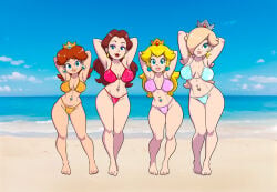 4girls arms_up beach bikini blonde_hair blue_eyes breasts brown_hair mario_(series) nintendo pauline posing princess_daisy princess_peach princess_rosalina