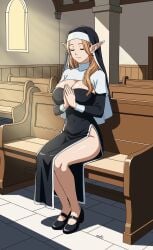 background church cleavage closing_eyes elena elves evli_art fair_skin happy huge_breasts light_brown_hair long_ears long_hair mother no_bra no_panties nun nun_hat nun_outfit oc original_character praying smiling tight_clothing