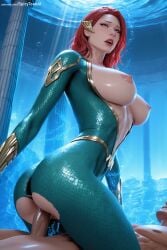 1boy 1girl ai_generated air_bubble ass blue_eyes bodysuit breasts bubble erection hetero hi_res high_quality high_resolution large_breasts male_pubic_hair mera nipples patreon penis pussy red_hair seductive sex sexy solo_focus spicytoonai torn_clothes uncensored underwater vaginal watermark