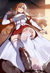 1boy 1girl ai_generated armor asuna_(blue_archive) asuna_(sao) bare_shoulders biting_own_lip blue_archive blush braid breastplate breasts brown_eyes brown_hair bunnyart02 closed_mouth clothed_female_nude_male clothing cum cum_on_body cum_on_feet dark-skinned_male dark_skin detached_sleeves dress erection feet female foot_out_of_frame footjob french_braid hetero indoors interracial large_penis legs legwear long_hair long_sleeves lying male miniskirt netorare no_shoes on_back penis pleated_skirt red_skirt semen short_ponytail skirt soles solo_focus sweat sword_art_online thighhighs thighs toes veins veiny_penis very_dark_skin white_armor white_sleeves white_thighhighs yuuki_asuna
