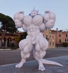 3d_(artwork) anthro anyveon balls big_muscles digital_media_(artwork) exhibitionism flexing genitals hi_res huge_muscles hyper hyper_muscles kobold male muscular muscular_male nude outdoor_nudity outside penis scalie solo striated_muscles
