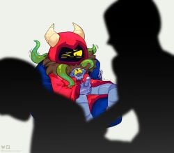 1boy ambiguous_gender background_character blush blush_lines bobmacvosky brawl_stars embarrassed eyes_closed genitals hi_res male masturbation mostly_nude non-human non-human_only penis r-t_(brawl_stars) robot simple_background sitting tentacle