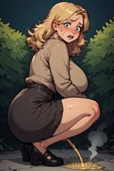 ai_generated ashamed big_breasts blonde_hair blushing caught_in_the_act embarrassed mature_female peeing peeing_on_ground perchance_ai steaming urination urine_stream