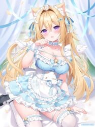 1girl angel_wings animal_ears apron blush breasts cat_ears cat_tail clothed collar frilled_apron frilled_collar frilled_dress frilled_skirt frilled_thighhighs frilled_wrist_cuffs frills garter_belt garter_straps golden_hair hair_ornament hair_ribbon hairband highres large_breasts long_hair maid maid_apron maid_headdress maid_outfit maid_uniform nekomimi original ribbon shiono_(0303) sitting straight_hair thigh_strap thighhighs twintails wings wrist_cuffs