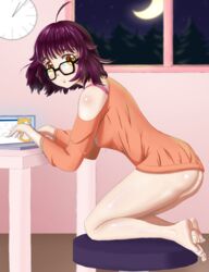 1girls 2021 ass bedroom blush bones_(studio) bottomless breasts clothed clothing computer glasses godzilla_(series) godzilla_singular_point long_sleeves looking_at_viewer mei_kamino messy_hair misterpuff moon nipple_bulge on_knees orange_(studio) perky_breasts purple_hair shirt short_hair solo toho yellow_eyes