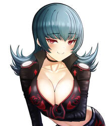 1girls arm_under_breasts blue_hair bodysuit cleavage collarbone gym_leader leather_jacket looking_at_viewer medium_hair naughty_face nintendo pokemon pokemon_rgby red_eyes sabrina_(pokemon) sabrina_(pokemon_hgss) saikunartworks simple_background smiling_at_viewer solo_female solo_focus teasing white_background zipper