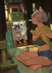 2girls bra clothes_lift electric_fan fridge sweat tagme vertigris