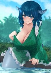 1girl 1girls :3 bare_shoulders blue_eyes blue_hair blush blush_lines blushing blushing_at_viewer breasts bush cleavage closed_mouth collarbone cowboy_shot drill_hair ear_fins fins fish_tail forest frilled_dress frills green_clothing green_kimono half-closed_eyes head_fin huge_breasts inviting inviting_to_sex kimono large_breasts light_blush long_sleeves looking_at_viewer medium_hair merfolk mermaid no_bra off_shoulder open_clothes presenting_breasts river shinonome_zakuro shore showing_breasts sitting sky soaked sole_female solo solo_female solo_focus sweat sweatdrop sweating sweaty sweaty_body touhou tree trees wakasagihime wet wet_body wide_sleeves yukata