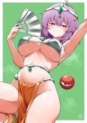 1girl 1girls adapted_costume ahoge ankle_cuffs anklet armor armpits arms_behind_head arms_up artist_signature belly belly_button belly_chain big_breasts bikini bikini_armor bikini_top blush blushing blushing_at_viewer bra chain chains choker cleavage cosplay dancer dancer_outfit disembodied_linked_eye dragon_quest dragon_quest_iv embarrassed emerald emerald_(gem) extra_eyes fan forehead_jewel gem gem_on_belly gem_on_chest gem_on_forehead gem_on_head gold gold_(metal) gold_anklet gold_anklets gold_jewelry green_gem hand_behind_head hand_fan headgear headwear heart heart_hair_ornament heart_of_string heart_symbol holding_fan holding_object jewelry large_breasts light_blush loincloth looking_at_viewer looking_down manya_(dq4) metal metal_bikini metal_bra metal_choker navel neckwear nervous no_panties orange_clothing orange_loincloth pelvic_curtain pink_eyes pink_hair revealing_clothes satori_komeiji scavia10 signature skeb_commission slippers sole_female solo solo_female solo_focus standing standing_on_one_leg steaming_body steamy stomach sweat sweatdrop sweating thick_thighs thighs three_eyes touhou underboob white_pupils wide_hips wide_thighs
