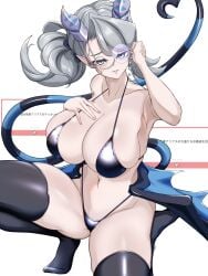 1girls 3/4_view arias_the_labrynth_butler armpits beautiful beautiful_girl bikini black_bikini blue_eyes blush boobs butler commission curvy demon demon_girl demon_horns demon_tail demon_wings female female_only fringe hand_on_breast hi_res huge_breasts konami legwear light_skin looking_at_viewer mischievous_smile modeling monocle navel one_arm_up painted_nails pale_skin pink_nails ribbon seductive seductive_smile shyneetoji side_view silver_hair simple_background sling_bikini smile solo stockings string_bikini tail teeth thick_thighs tiptoes voluptuous wings woman younger_female yu-gi-oh! yu-gi-oh!_master_duel