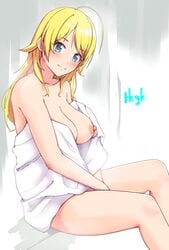 ahoge blonde_hair blue_eyes blush breasts female hachimiya_meguru idolmaster idolmaster_shiny_colors long_hair looking_at_viewer myanyuki_h nipples smile solo