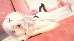 3d 3d_(artwork) ahoge alfaj0rricolino apple_butt bubble_butt butt erispheria lying_on_bed peace_sign red_eyes suggestive_look suggestive_pose twitch vtuber white_hair x_hair_ornament youtube youtube_hispanic