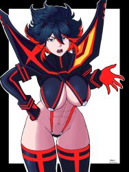 1girls artist_name artist_request black_hair blue_eyes border breasts kill_la_kill large_breasts looking_at_viewer matoi_ryuuko multicolored_hair navel open_mouth red_hair revealing_clothes senketsu short_hair solo streaked_hair suspenders thighhighs thighs two-tone_hair underboob