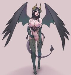 1girls armwear big_breasts blue_eyes breasts breasts_out demon female female_only garter_straps horns kinky_arts makeup navel nipples original original_character pointy_ears pussy runny_makeup smile solo spade_tail tail thighhighs wings