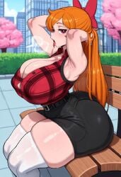 aged_up ai_generated armpits arms_up big_breasts blossom_(powerpuff_girls) female gigantic_ass gigantic_breasts gigantic_thighs huge_ass huge_breasts impossible_clothes leggings orange_hair powerpuff_girls powerpunk_girls red_eyes red_hair sideboob sitting sleeveless sleeveless_dress straining_clothing sweat sweatdrop sweating thighhighs tight_clothing tongue_out
