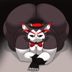 1boy anthro big_ass cat cat_ears cat_tail demon gray_fur hazbin_hotel huge_ass husk_(hazbin_hotel) mostly_nude no_humans overweight_male simple_background top_hat wiggling_ass witdrawsloods yellow_eyes