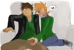 boner boner_in_pants bulge_grab bulge_through_clothing couch edd_(eddsworld) eddsworld eddsworld_future fully_clothed future_edd_(eddsworld) gay hand_on_bulge light_blush male male/male male_only matt_(eddsworld) no_sex no_visible_genitalia non-web_source sofa srcarkl tagme teasing yaoi