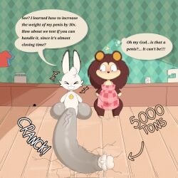 1:1 amoeba_(organism) animal_crossing anthro apron aquatic balls big_balls big_penis blush brown_body clothing duo english_text eulipotyphlan female genitals hedgehog hi_res huge_balls huge_penis hyper hyper_genitalia hyper_penis lagomorph leporid lok_bunny lokbunny17 male mammal nintendo penis rabbit sable_able text white_body