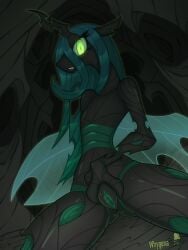 3:4 absurd_res anthro arthropod biped black_body changeling_(mlp) claws detailed_background eyelashes female friendship_is_magic genitals green_eyes green_vulva hair hasbro hi_res horn looking_at_viewer multicolored_body my_little_pony pupils queen_chrysalis_(mlp) smile smirk solo standing teeth vulva whygena wings