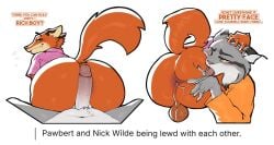 anthro anus balls big_butt bodily_fluids butt butt_grab canada_lynx canid canine clothing disney duo english_text erection face_against_ass felid feline fox fur genitals glans grabbing_head grabbing_partner grey_body grey_fur hand_on_butt hot_dogging lynx male male/male mammal nick_wilde orange_body orange_fur pawbert_lynxley penis saliva saliva_on_anus saliva_on_tongue saliva_string scottdeer sex shirt smile smirk tail text tongue tongue_out topwear zootopia
