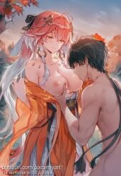 1boy 1girl 2026 ahoge ai_generated bare_shoulders black_bow black_hair blush bow breast_sucking breasts breasts_out changli_(wuthering_waves) clothed_female_nude_male cocomiyart collarbone gloves grabbing grabbing_another's_breast gradient_hair hair_bow hair_ornament hand_on_another's_head hetero highres japanese_clothes jewelry kimono large_breasts long_hair long_sleeves multicolored_hair nipples nsfw nude orange_kimono outdoors parted_lips pink_hair ponytail sash smile uncensored very_long_hair water white_hair wide_sleeves wuthering_waves yellow_eyes