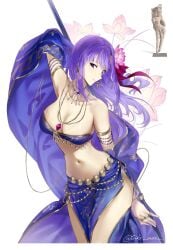 big_breasts cleavage dancer_outfit fate/grand_order fate_(series) fine_art_parody goddess harem_outfit history hourglass_figure indian jewelry mythology parvati_(fate) purple_hair reference_image trident yakshi_figure_sculpture