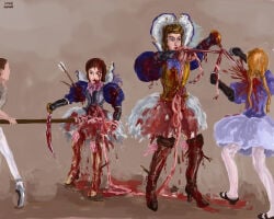 armor armored_dress arrow_(projectile) bleeding blood boots captaingustav child commentary dress english_commentary fighting guro highres injury intestines knee_boots knight original self-upload