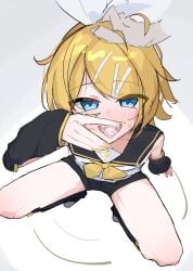 1girl 1other after_fellatio arm_support black_sailor_collar black_shorts blonde_hair blue_eyes blush bow breasts collarbone commentary_request cum cum_in_mouth cum_on_tongue detached_sleeves disembodied_hand fingernails from_above full_body hair_bow hair_ornament hairclip headpat highres kagamine_rin leg_warmers long_fingernails looking_at_viewer looking_up medium_breasts nail_polish neckerchief open_mouth parted_bangs sailor_collar shirt short_shorts shorts sidelocks sleeveless sleeveless_shirt solo_focus squatting stray_pubic_hair sweat teeth thighs thinker25075754 tongue tongue_out treble_clef upper_teeth_only vocaloid white_background white_bow white_shirt yellow_nails yellow_neckerchief