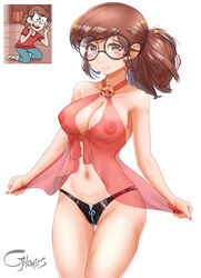 1girls 1milf absurdres ass_visible_through_thighs babydoll bangs black_eyes black_panties blush breasts brown_hair cjhomics cleavage david's_mom_(hilda) female glasses halterneck highres hilda_(series) long_hair looking_at_viewer milf navel negligee nipples panties ponytail see-through smile solo thigh_gap white_background zipper