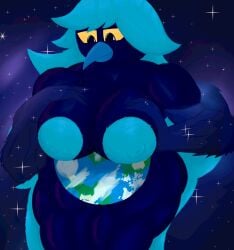 absurd_res anthro areola athletic athletic_anthro athletic_female avian beak big_breasts bird black_body black_fur blue_areola blue_beak blue_hair breast_squeeze breasts butt car_man dark_body dark_feathers detailed_background feathers female fur hair hi_res huge_breasts hyper hyper_breasts long_hair macro martlet_(undertale_yellow) martlet_(zenith_form) muscular muscular_anthro muscular_female nipples nude nude_anthro nude_female planet planet_dwarfing smile solo space squeezing star thick_nipples thick_thighs undertale undertale_(series) undertale_yellow wide_hips winged_arms wings yellow_eyes