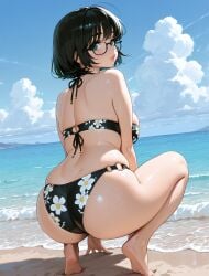 1girl ai_generated aqua_eyes arlequin097 ass back bare_legs bare_shoulders barefoot beach bikini black-framed_eyewear black_bikini black_hair blue_sky blush bob_cut breasts closed_mouth cloud day earrings feet floral_print from_behind full_body glasses green_eyes halterneck hunter_x_hunter large_breasts lips looking_at_viewer looking_back o-ring o-ring_bikini o-ring_bottom ocean outdoors print_bikini sand shiny_skin shizuku_murasaki short_hair skindentation sky soles solo squatting swimsuit thighs tiptoes toes water wet