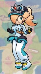 2girls annoyed blonde_hair clothed clothing female female_only floating_hands groping groping_breasts groping_from_behind lisnotsfw princess_rosalina princess_rosalina_(pro_racer) racing_suit