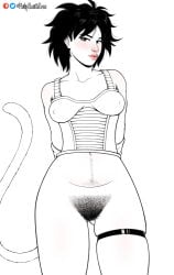 1girl armpit_hair arms_behind_back artist_name black_hair blush bottomless breasts collarbone commentary covered_nipples cowboy_shot dragon_ball dragon_ball_minus dragon_ball_z english_commentary excessive_pubic_hair female_pubic_hair gine gloves jewelry lips looking_at_viewer looking_down monkey_tail navel navel_hair nose patreon_logo philipsmitheros pubic_hair puckered_lips pussy saiyan_armor short_hair simple_background skindentation small_breasts solo standing tail thighlet tsurime twitter_logo white_background