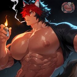 abs ai_generated athletic athletic_male barechested biceps big_moobs big_pecs black_hair cigarette cigarette_in_mouth cigarette_smoke glistening glistening_body huge_moobs huge_pecs jacket juicy_pecs komano_manato komano_manato_(zenless_zone_zero) moobs moobs_bigger_than_head multicolored_hair muscular muscular_biceps muscular_male nipples pecs pecs_bigger_than_head pecs_focus pectorals puffy puffy_nipples red_eyes red_hair smoke ventvert4 zenless_zone_zero