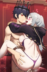 1boy 1girls abs arms_around_neck ass bangs black_coat blue_hair bra bra_pull braid breast_press breasts chrom_(fallen)_(fire_emblem) chrom_(fire_emblem) clothes_pull clothing_aside coat corruption crown cum cum_in_pussy cumdrip ejaculation eyebrows_visible_through_hair eyelashes female fire_emblem fire_emblem_awakening fire_emblem_heroes gold_trim grima_(fire_emblem) hair_between_eyes hand_on_another's_thigh happy_sex heart highres hip_bones hip_focus hood hood_down large_breasts leg_lift leg_up legs_apart male mazenda_(3378) medium_hair motion_lines muscular muscular_male nintendo open_mouth panties panties_aside pectorals penis possession purple_bra purple_eyes purple_panties red_eyes robin_(fire_emblem) robin_(fire_emblem)_(female) sex silver_hair smile standing standing_sex strap swept_bangs thigh_strap thong throne twintails underwear upright_straddle white_hair