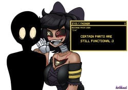afimaki anon black_hair bow_ribbon breast_squeeze breasts brown_skin cyn_(murder_drones) dialogue fangs female fully_clothed glitch_productions heart_eyes male murder_drones open_mouth robot robot_girl robot_humanoid scared sharp_teeth text tongue whispering whispering_into_ear white_background