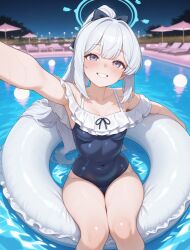 ai_generated armpits blue_archive blue_eyes blue_swimsuit blush collarbone covered_navel grin halo highres in_water mira_reckless miyako_(blue_archive) miyako_(swimsuit)_(blue_archive) night one-piece_swimsuit ponytail pool reaching_towards_viewer small_breasts smile swim_ring thighs water wet white_hair