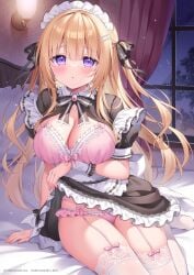 1girl bed blush breasts clothed frilled_dress frilled_skirt frilled_wristband frills golden_hair hair_ribbon headband headdress highres large_breasts long_hair maid maid_headdress maid_outfit maid_uniform melonbooks on_bed open_shirt original panties shiono_(0303) sitting sitting_on_bed small_but_busty stockings straight_hair tied_hair twintails