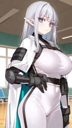 ai_generated blue_eyes cape elf gym hand_on_hip large_breasts looking_at_viewer narrow_waist pale-skinned_female pale_skin tactical_clothes white_clothing white_hair