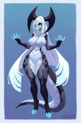 2026 anthro big_breasts biped blue_eyes blue_nipples blue_vulva breasts claw_fingers claw_toes dragon ear_piercing female forehead_gem gem genitals grey_body hair hi_res horn long_hair long_tail moonmoon1541 mythological_creature mythological_scalie mythology nipples non-mammal_breasts non-mammal_vulva piercing proxicute scales scalie signature small_waist smile smiling_at_viewer solo tail thick_tail thick_thighs ventral_scales vulva white_hair wide_hips