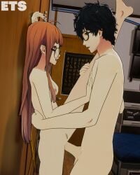 bed bedroom bedroom_sex black_eyes black_hair blushing brown_eyes eulathighstraps glasses mouth_open naked naked_female naked_male nude nude_female nude_male orange_hair persona persona_5 pubic_hair ren_amamiya sakura_futaba standing_on_one_leg standing_sex vaginal_penetration vaginal_sex ych_commission