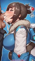 1boy 1girl 2026 ai_generated artist_name beads big_breasts big_chest big_tits blowjob blowjob_face brown_hair busty coat cock cum cum_in_mouth dick fellatio fur-trimmed_jacket hair_bun hair_ornament hair_stick hetero hi_res high_quality highres large_breasts licking mei_(overwatch) oral oral_sex overwatch pants_pull patreon patreon_username penis pinkname short_hair sucking watermark