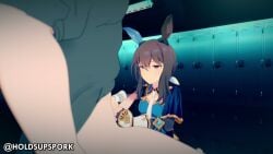 3d_animation admire_vega_(umamusume) animated annoyed_expression blowjob blue_clothing brown_hair clothed_female handjob holdsupspork horse_ears locker_room ponytail shoulder_cape sound tagme video
