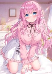 1girl bed bedroom bent_forward blush braid braided_hair breasts curtains dress frilled_dress frilled_skirt frilled_socks frills hair_ornament hair_ribbon highres jirai_kei kneeling large_breasts long_hair on_bed original panties pink_hair shiono_(0303) skirt socks straight_hair tied_hair